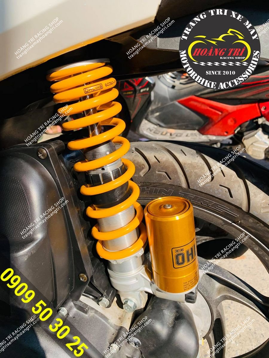 Close-up of genuine Ohlins fork YA 768 has been fitted to Vision