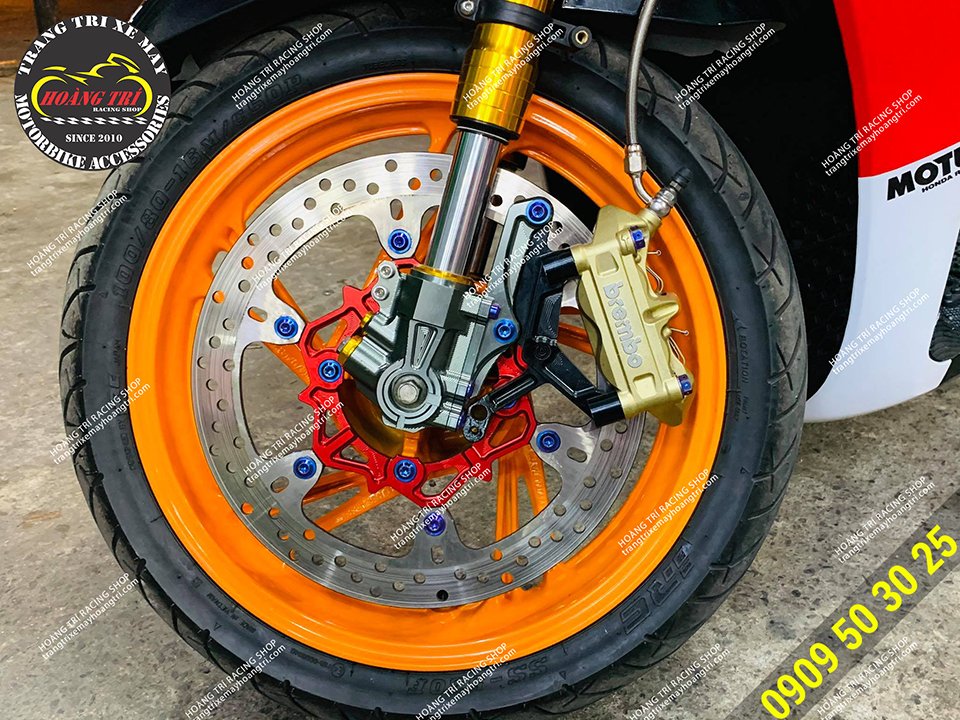 Close-up angle of golden Brembo oil pig