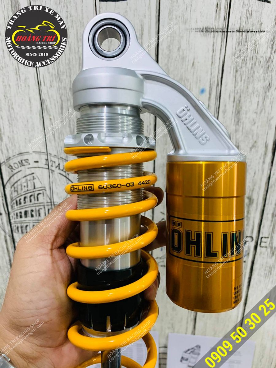 Ohlins branding is embossed on the oil tank of the Ohlins fork