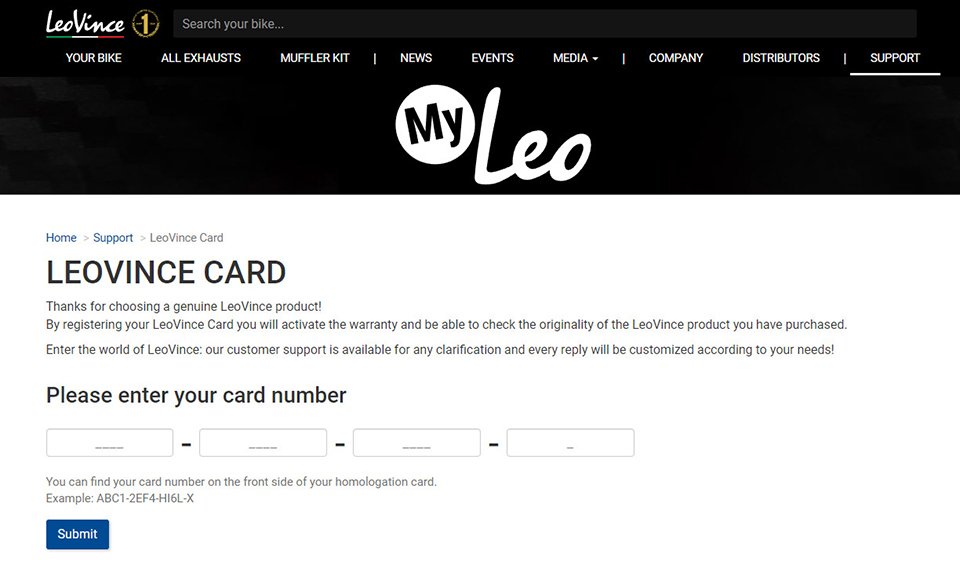Website chính thức của Leovince nhập card number để kích hoạt bảo hành