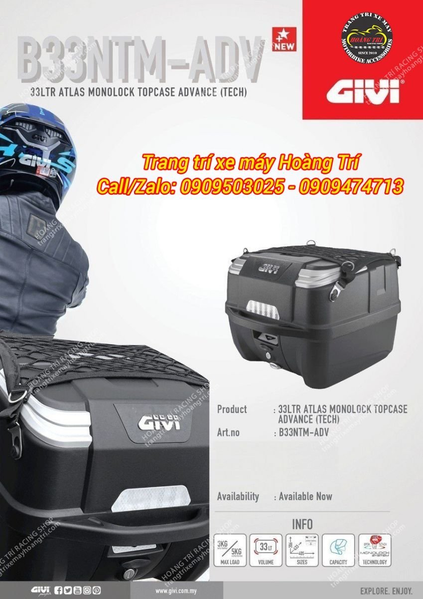 Sản phẩm thùng Givi 33 lít B33NTM-ADV có sức chứa 1 nón 3/4 fullface