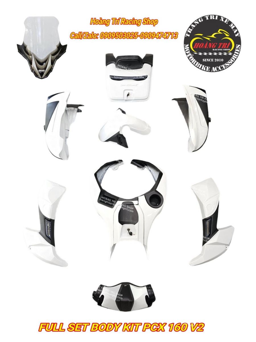 Trọn bộ các phụ kiện trong full bộ body kit PCX 160 V2 kiểu Goldwing Indonesia màu trắng