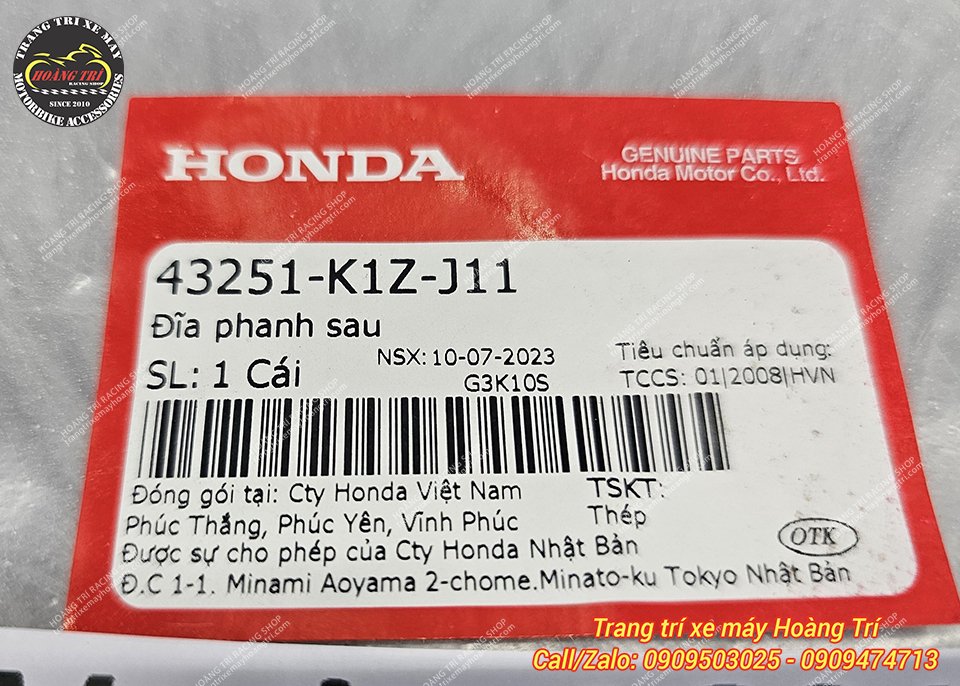 Cận cảnh tem sản phẩm đĩa phanh sau Vario 160 chính hãng Honda