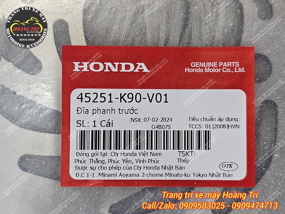 Tem chính hãng Honda với model sản phẩm được in trên tem: 45251-K90-V01