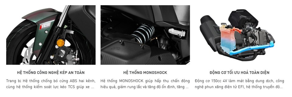 Phanh ABS 2 kênh, hệ thống phuộc Mono shock hiện đại, động cơ được tối ưu