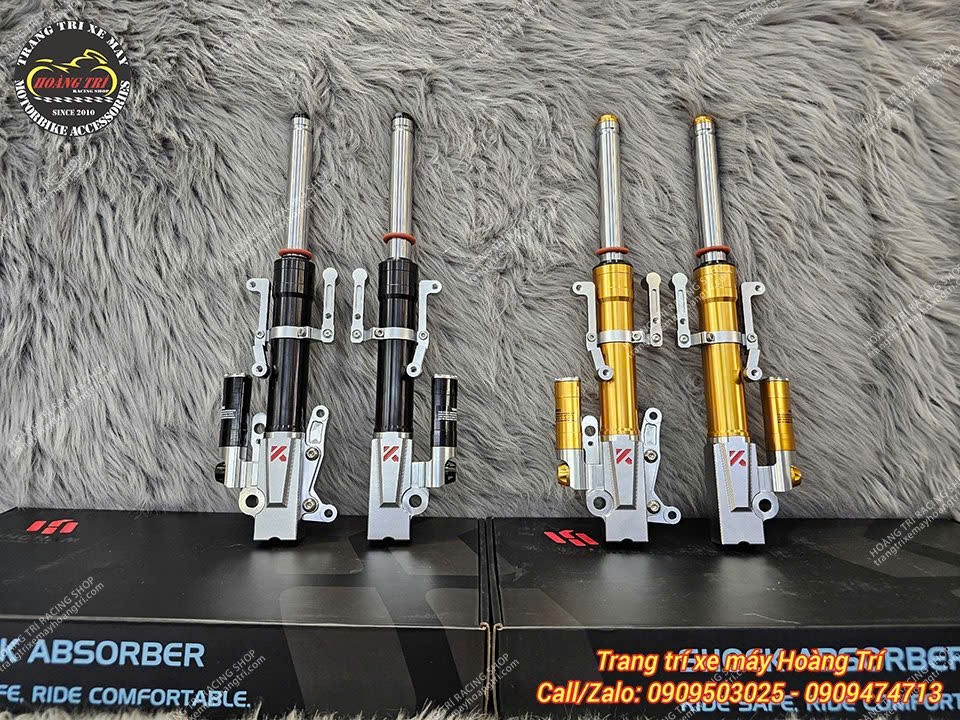 Phuộc trước KingHam làm từ nhôm CNC có hai tùy chọn màu sắc: vàng gold và đen