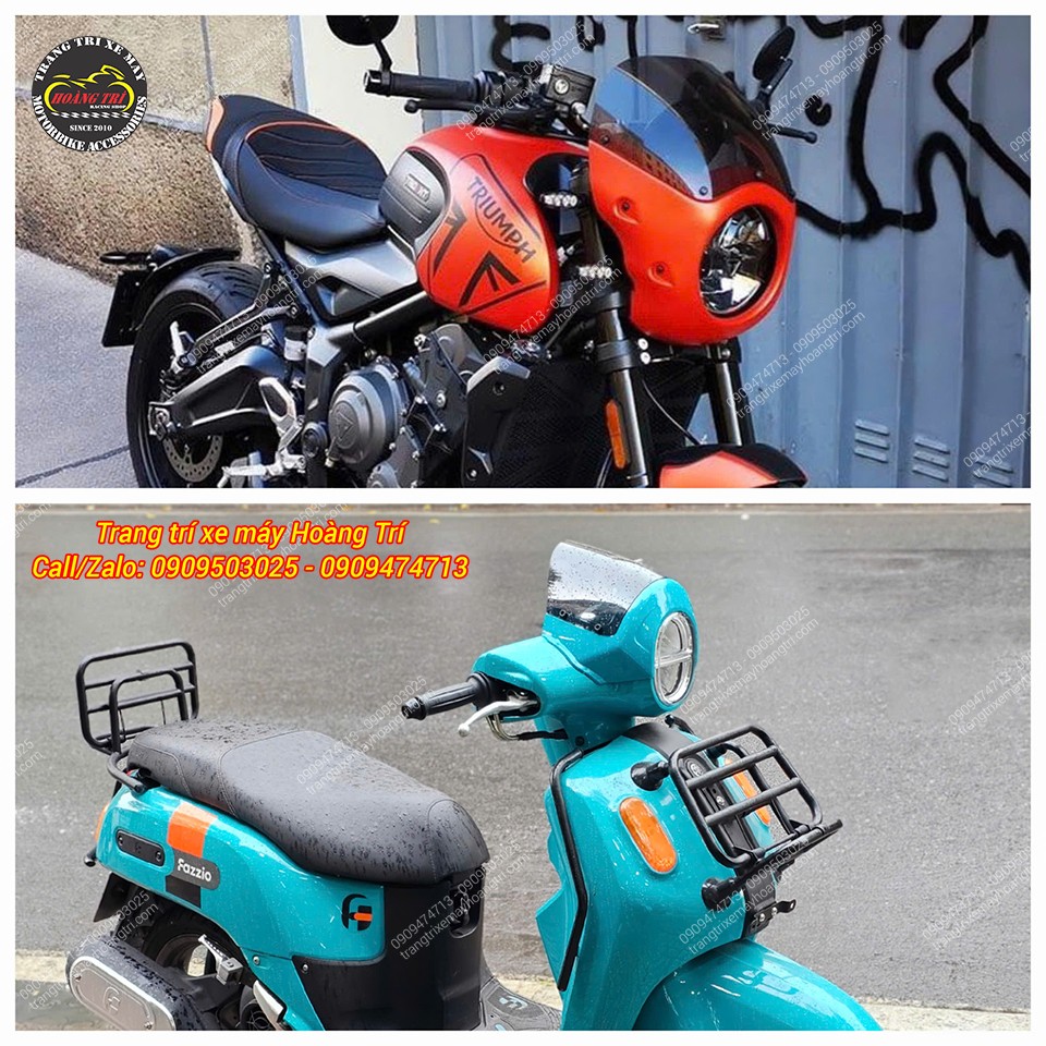 Hình ảnh xe Triumph (trên) và Fazzio 125 khi lắp kính chắn gió kiểu Triumph