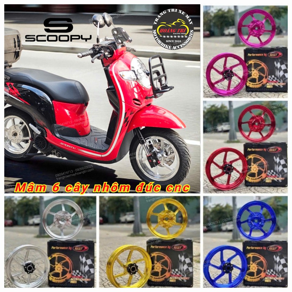 Mâm 6 cây nhôm đúc CNC Scoopy - 5 màu sắc dễ dàng lựa chọn phù hợp phong cách