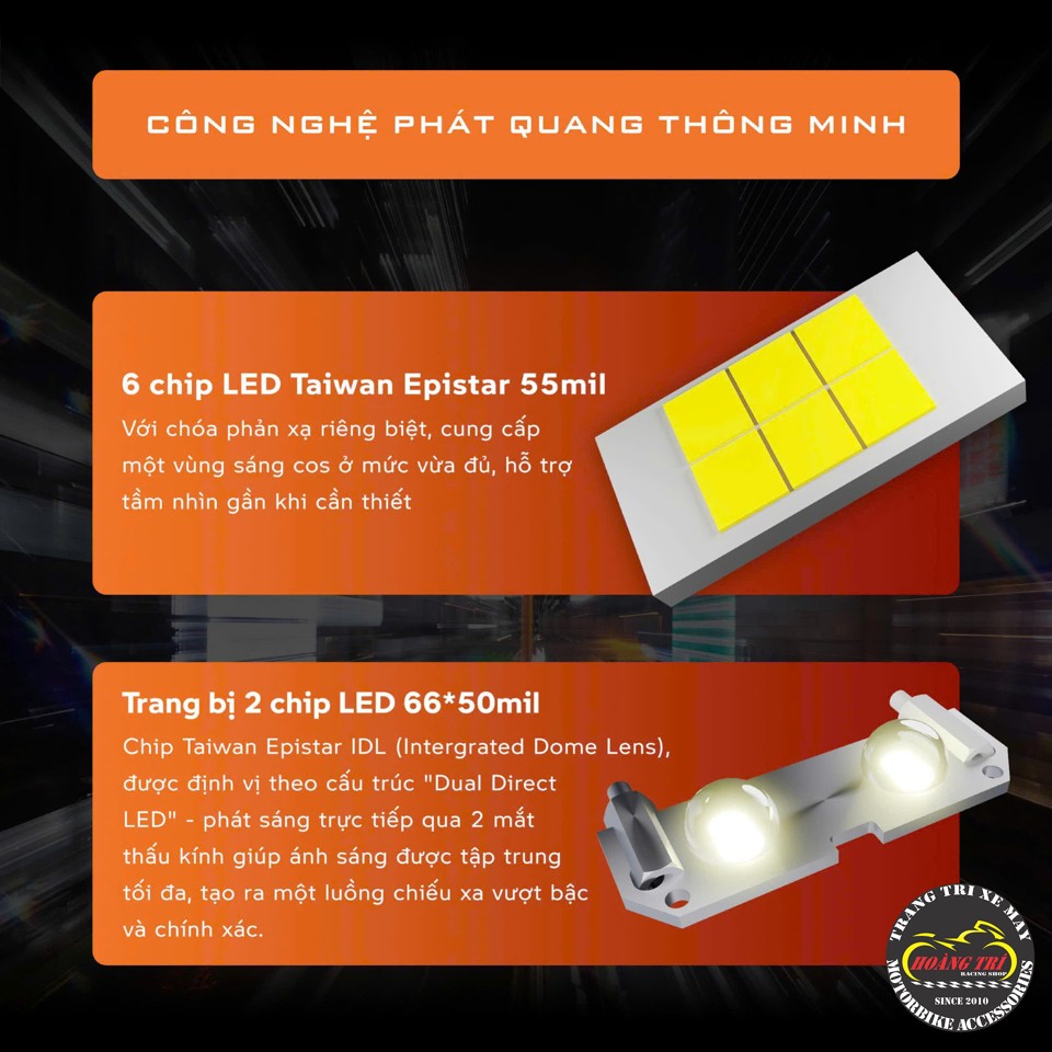 Đèn được cấu thành từ 6 chip LED Epistar 55 mil và 2 chip LED 66×50 mil hiệu suất cao