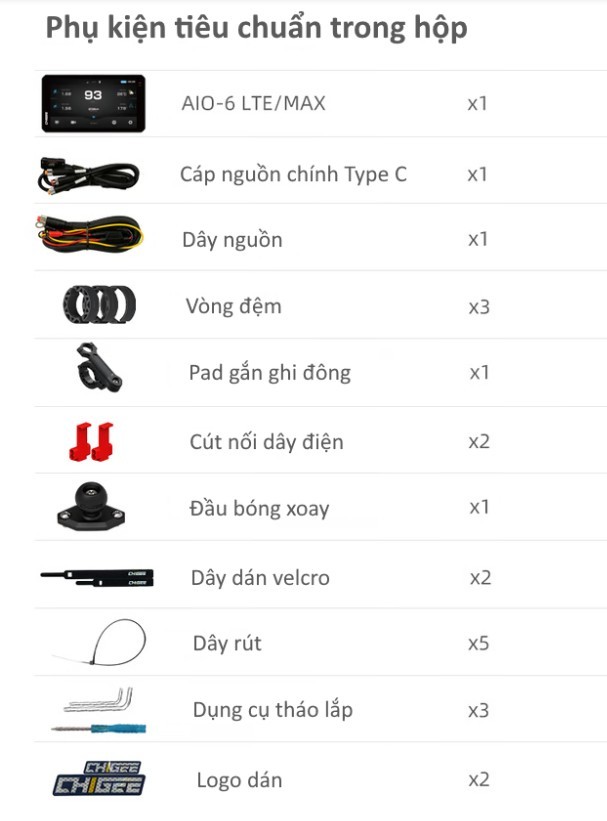 Danh sách các phụ kiện tiêu chuẩn có trong hộp sản phẩm màn hình Chigee AIO-6