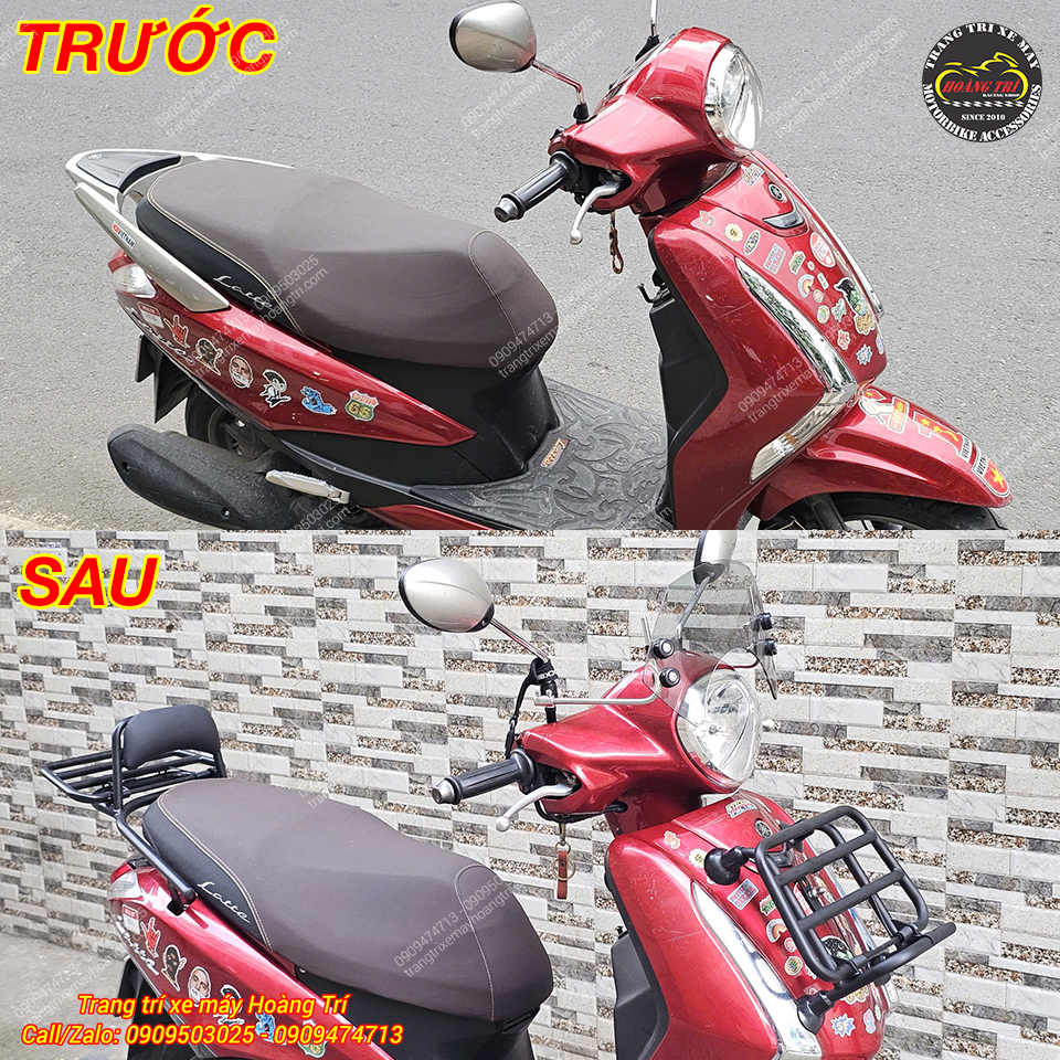 Hình ảnh trước và sau khi lắp baga trước Latte phong cách Vespa