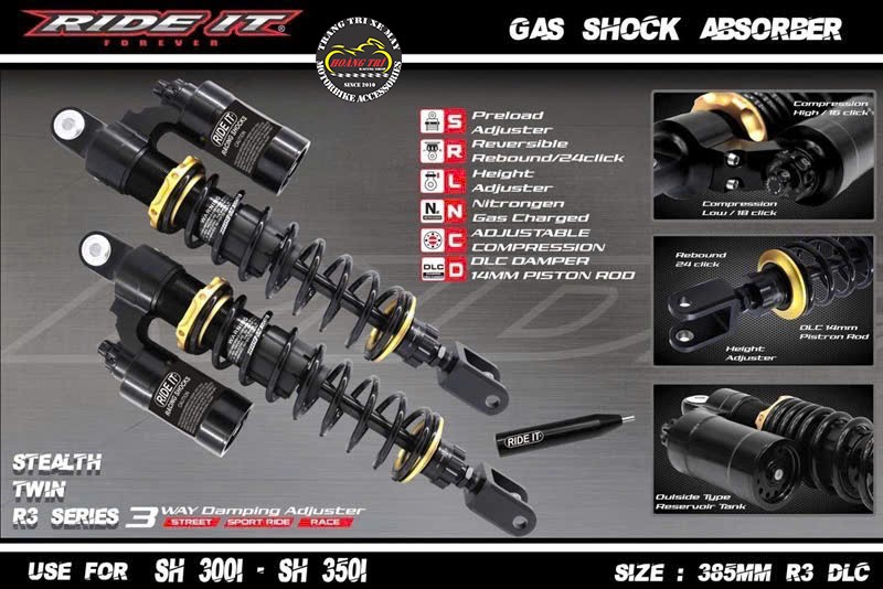 Phuộc Ride it R3 DLC chính hãng dành cho Sh với chiều dài 385mm