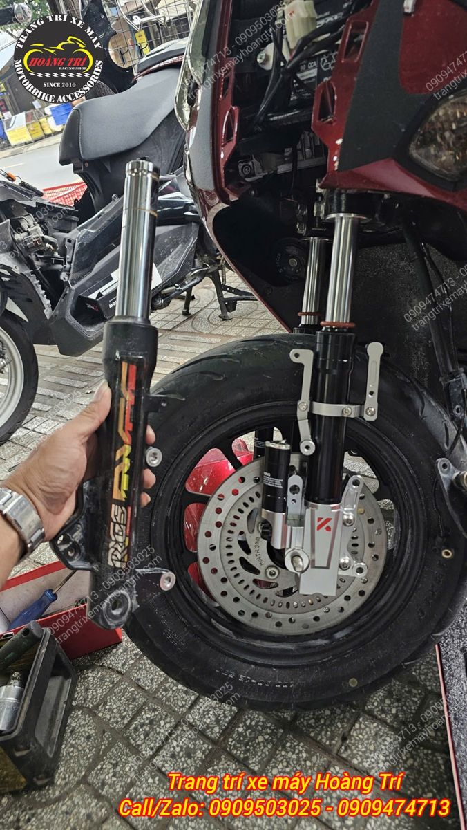 So sánh phuộc zin và phuộc Kingham nhôm CNC trước khi lắp hoàn chỉnh cho Giorno 125