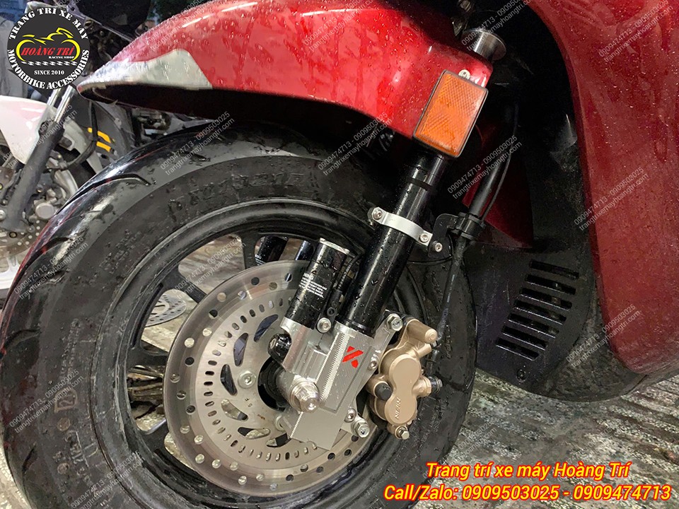 Chi tiết phuộc Kingham nhôm CNC kết hợp đĩa thắng và heo dầu zin trên Giorno 125