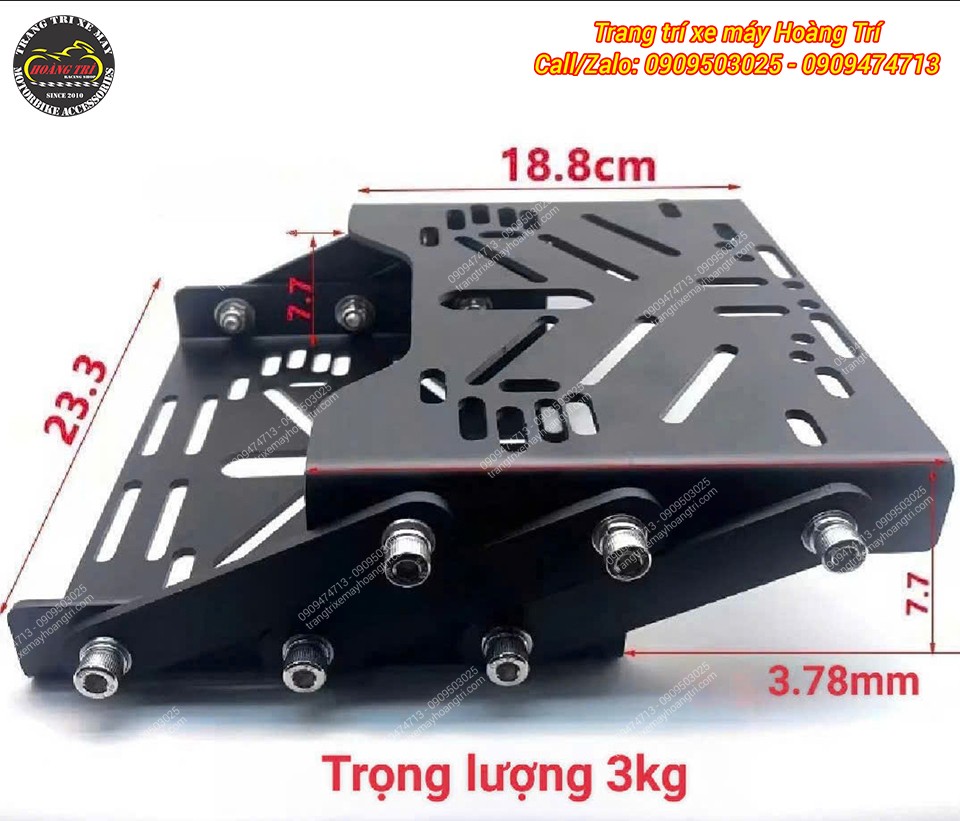 Chi tiết kích thước và trọng lượng gác baga trượt PCX (233cm x 188cm), nặng 3kg, độ dày 378mm