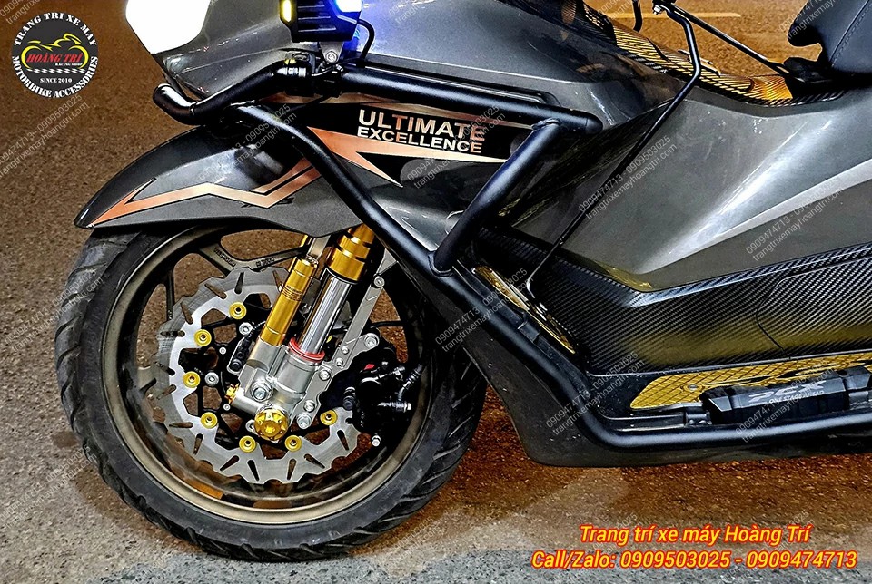 Toàn bộ dàn chân trước PCX 160 với đĩa lồng nhôm NCL, phuộc độ và khung bảo vệ