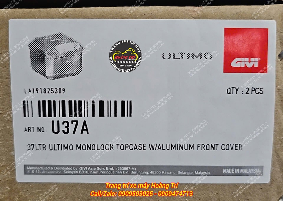 Tem nhãn thùng Givi U37A thể hiện rõ dung tích 37 lít, mã sản phẩm, nguồn gốc chính hãng