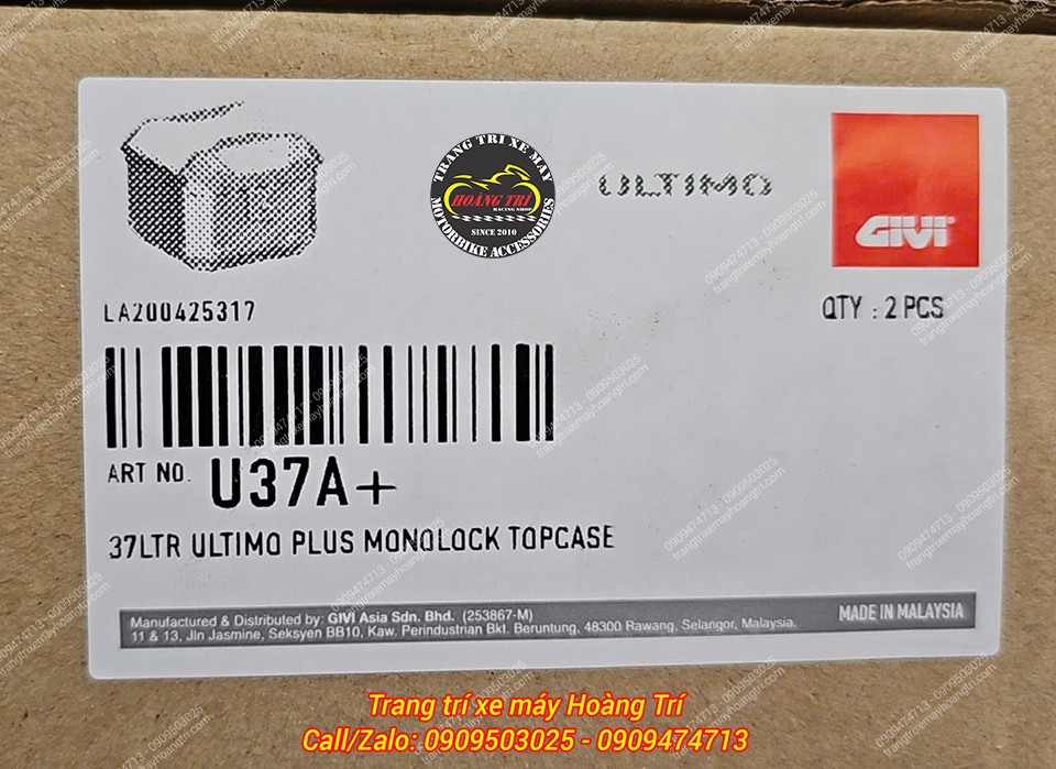 Tem nhãn thùng Givi U37A Plus thể hiện đầy đủ mã sản phẩm, dung tích 37 lít, xuất xứ chính hãng