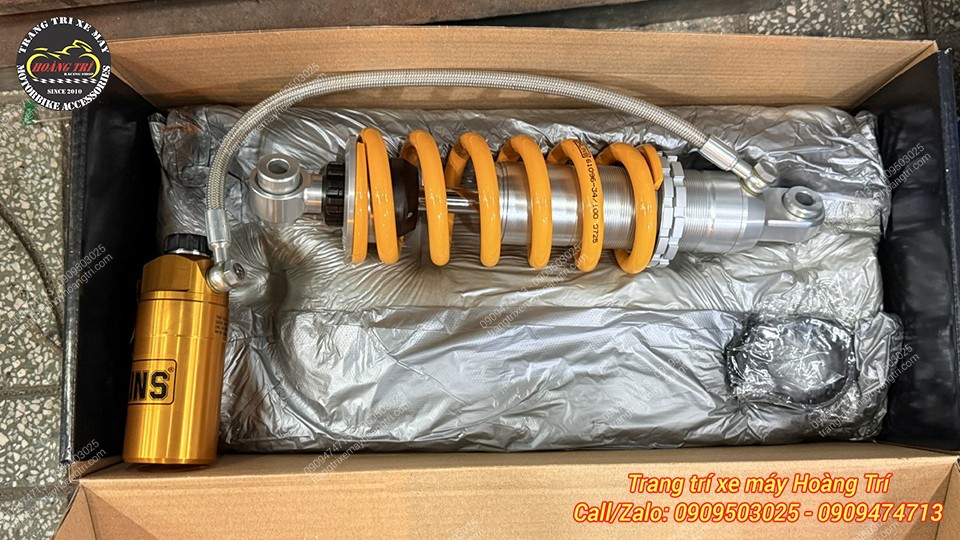 Cận cảnh phuộc Ohlins vàng, bình dầu rời và lò xo vàng còn trong hộp nguyên seal chính hãng
