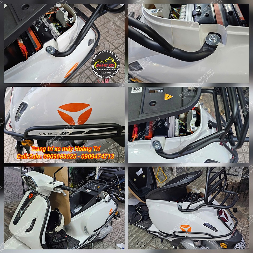 Cận cảnh lắp đặt baga và chống đổ, cố định vào thân xe điện Yadea, chi tiết lắp ốc vít