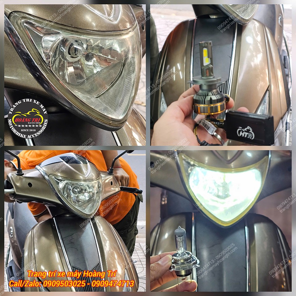 Hình ảnh trước và sau khi nâng cấp đèn pha LED R14 H4 Piaggio Fly, ánh sáng rõ, không gây chói mắt