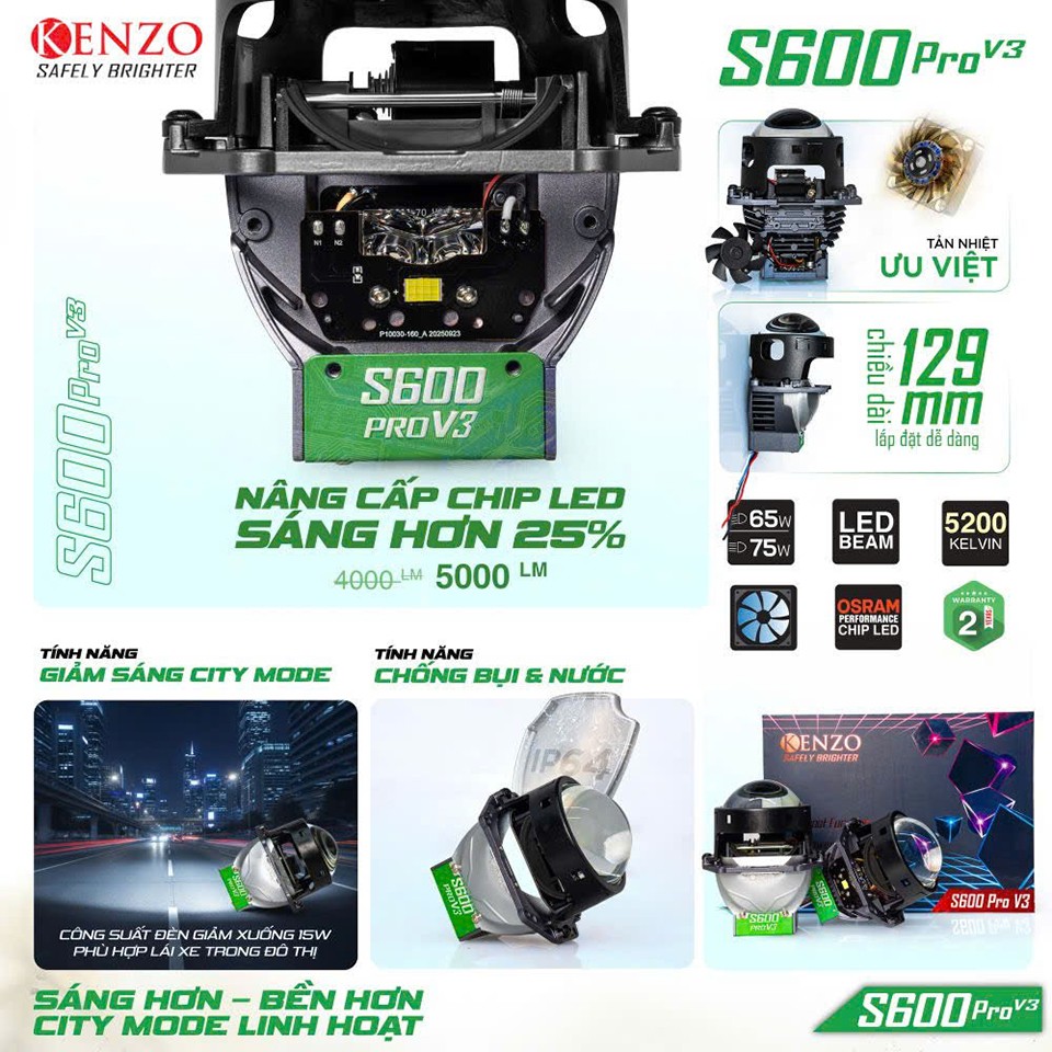 Bi cầu Kenzo S600 Pro V3 nâng cấp chip LED, ánh sáng mạnh, bền bỉ