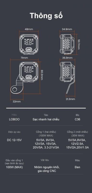 Thông số kích cỡ của sạc nhanh Loboo C36 - Chất liệu nhôm CNC bền bỉ chống va đập