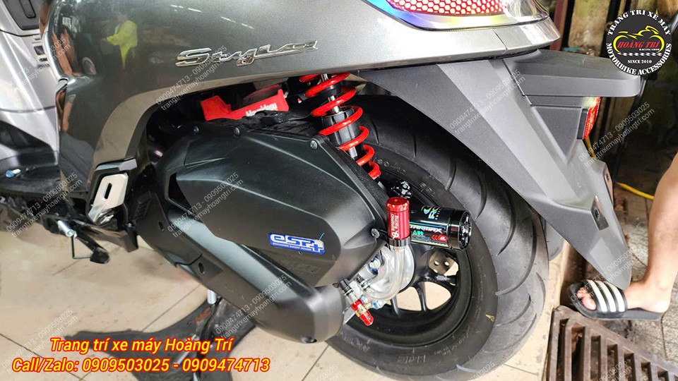 Tổng thể phuộc sau RCB Tarmax trên Stylo 160, tăng độ nhún ổn định và thẩm mỹ cho xe