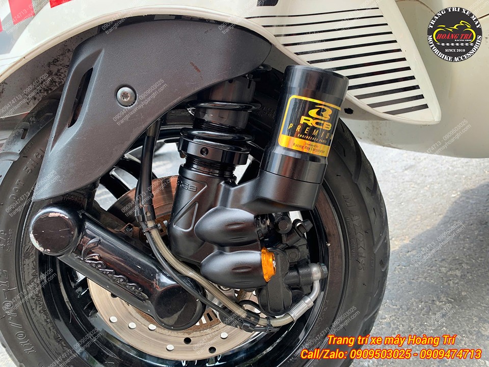 Phuộc Racing Boy VR ti vàng lắp bánh trước Vespa Sprint, tăng nhún cho xe ổn định