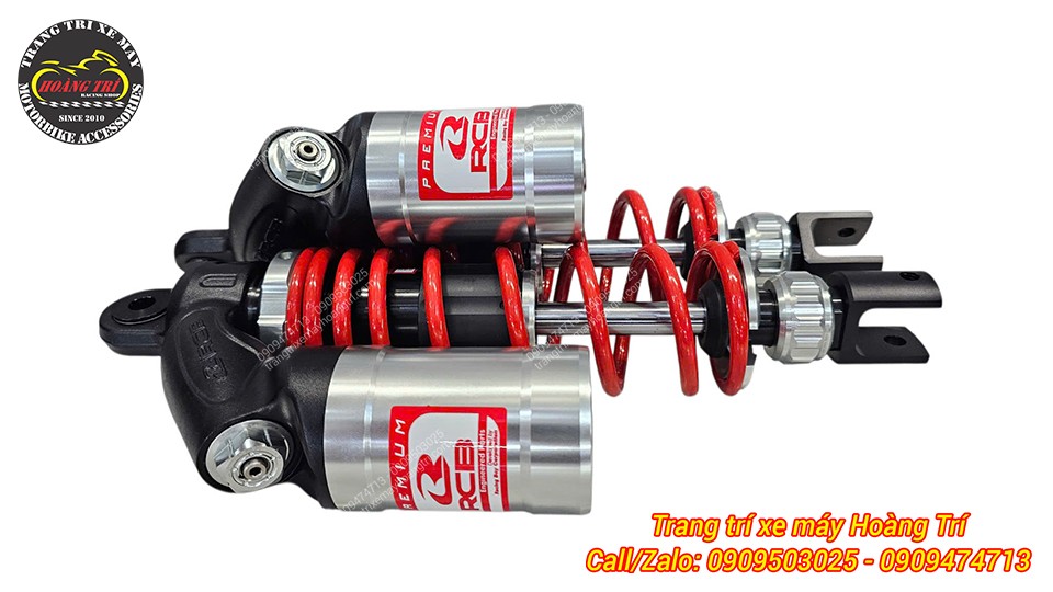 Bình dầu thiết kế tem đỏ trang trí độc đáo trên phuộc RCB VD ti trắng