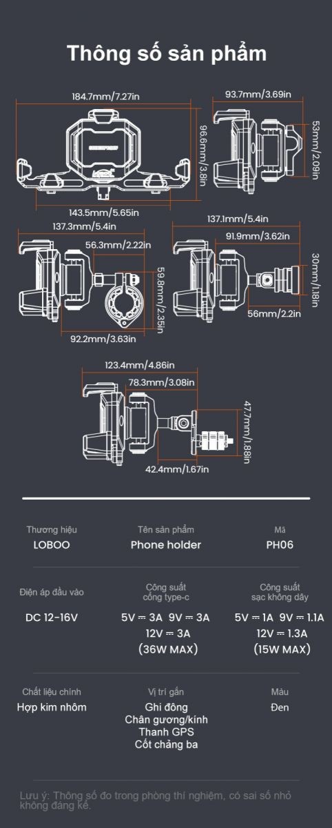 Chi tiết kích thước thực tế của giá đỡ điện thoại Loboo P06