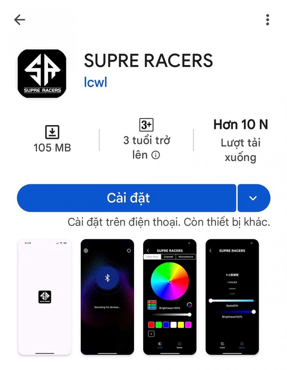 Ứng dụng SUPRE RACERS hỗ trợ điều chỉnh màu sắc và hiệu ứng đèn hậu LED Shark Power dễ dàng