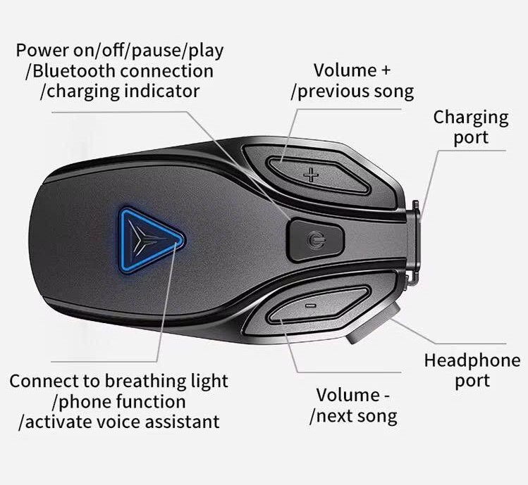 Sơ đồ các nút điều khiển tai nghe Bluetooth MotoWolf BH1 cùng cổng sạc và kết nối tiện lợi