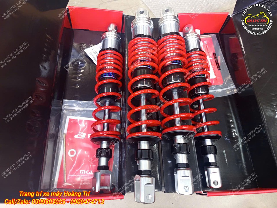 Cận cảnh phuộc Racing Boy S2 ti phuộc trắng nổi bật với lò xo đỏ và hoàn thiện sắc nét