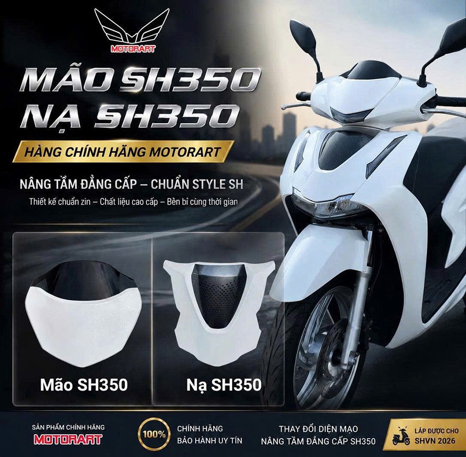 Mão (ốp đầu) và mặt nạ Motorart kiểu SH350 chính hãng, nâng cấp diện mạo sang trọng cho SH 2026