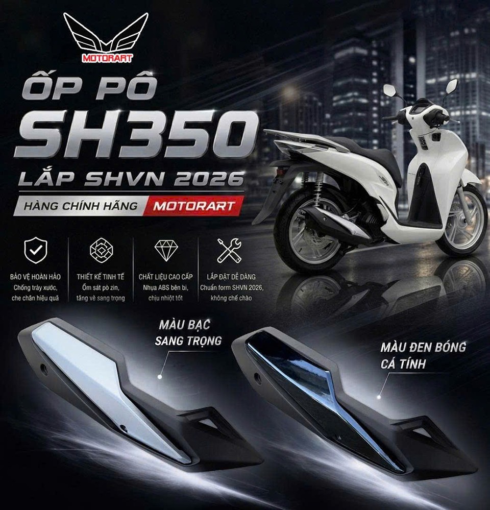 Ốp pô Motorart kiểu SH350 chính hãng với hai phiên bản bạc và đen dành cho SH 2026