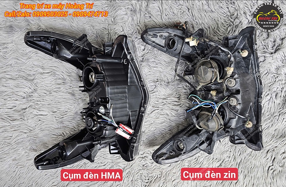So sánh mặt sau cụm đèn pha HMA Thái Lan và đèn zin với kết cấu bền bỉ hơn đèn zin