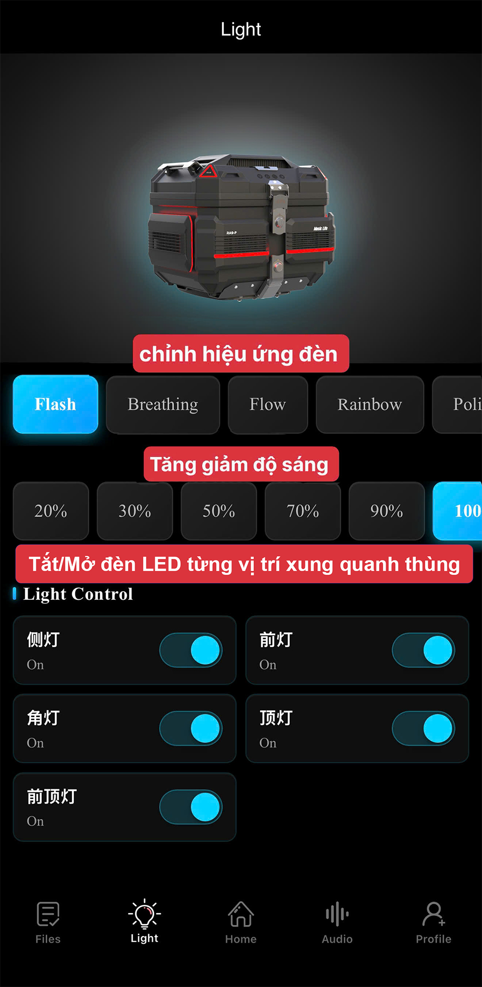 Bước 3: Giao diện cho phép chỉnh hiệu ứng, độ sáng và bật tắt từng vị trí đèn trên thùng