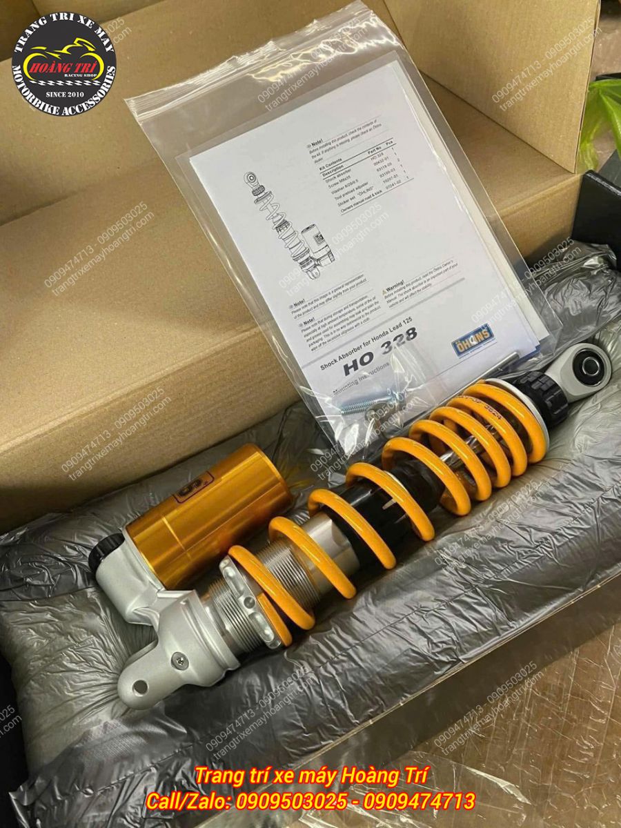 Full box phuộc Ohlins HO328 dành cho Scoopy nổi bật với lò xo vàng, bình dầu và thiết kế cao cấp