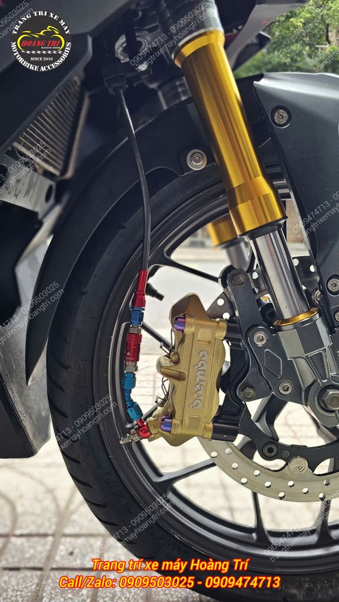 Phuộc Upside Down Asiro Winner V1 nổi bật với tông vàng, kết hợp heo Brembo tạo diện mạo thể thao