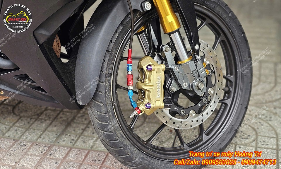 Toàn cảnh bánh trước Winner V1 sau khi nâng cấp phuộc Asiro, heo Brembo và dây dầu Earls