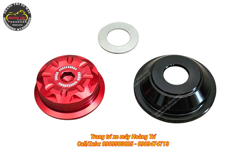Bộ chụp cốt bánh sau Honda UC3 gồm chi tiết CNC màu đỏ, đế đen và vòng đệm