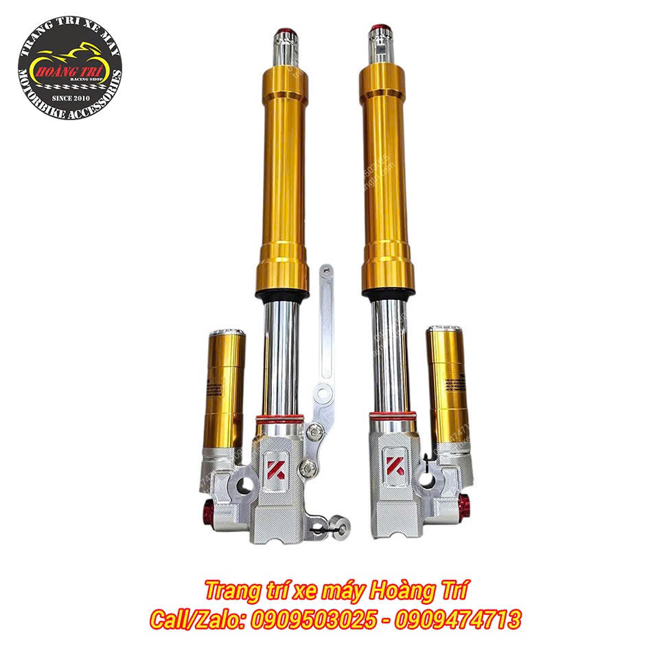 Cận cảnh phuộc Upside Down Kingham màu vàng với bình dầu nổi bật dành cho VinFast Feliz
