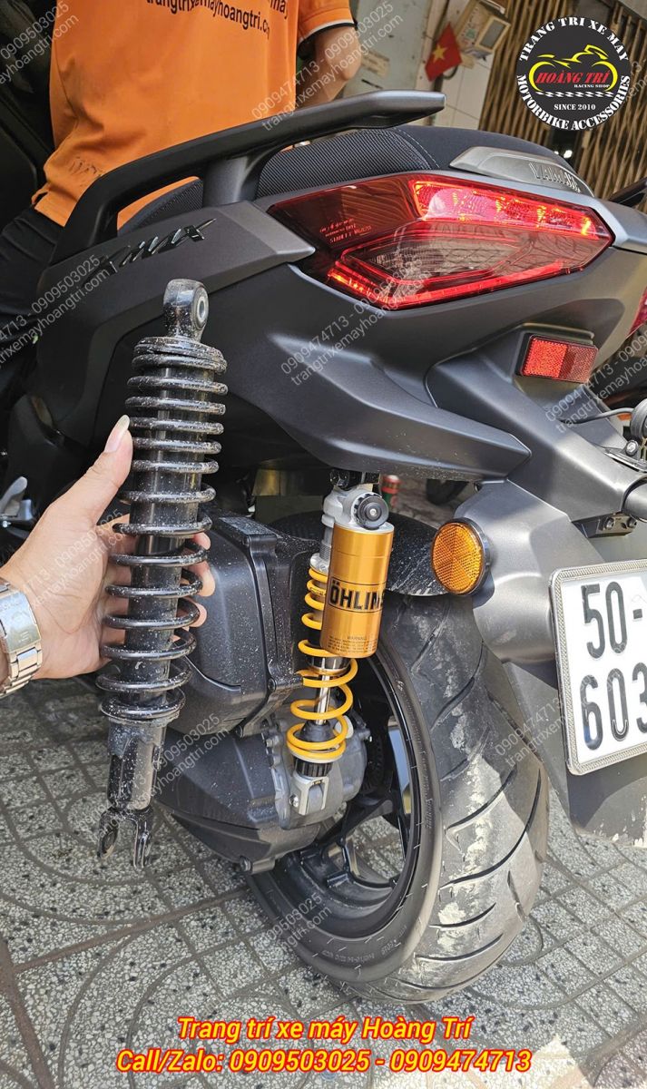 So sánh phuộc zin XMAX vừa tháo với phuộc Ohlins bình dầu đã hoàn thiện trên xe