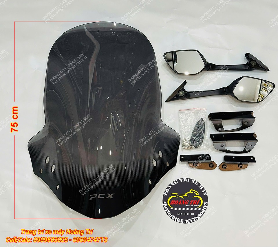 Phiên bản kính chắn gió cao PCX 160 kết hợp kính hậu có kích thước 75cm, kèm phụ kiện lắp đặt