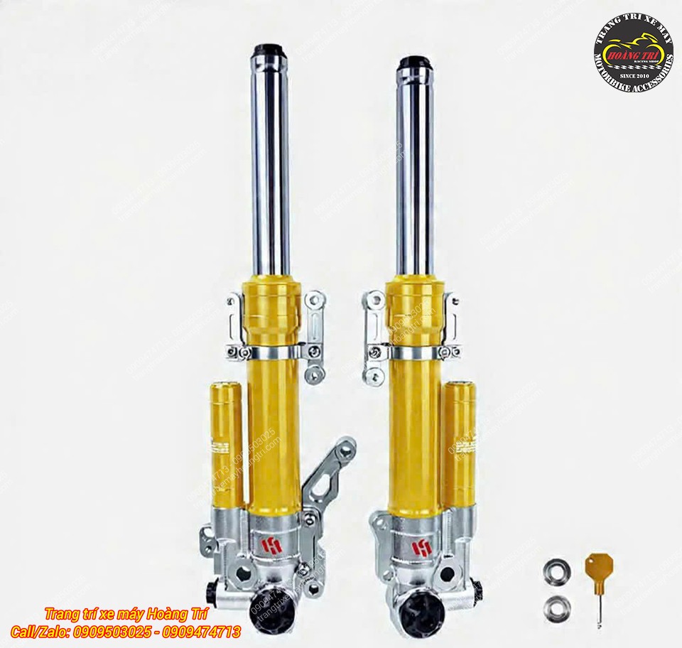 Phuộc trước KingHam Honda PCX màu vàng nổi bật, thiết kế bình dầu tăng vẻ ngoài thể thao