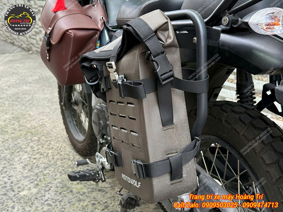Túi treo hông Motowolf được cố định chắc chắn trên khung PG-1 bằng các dây khóa tiện dụng