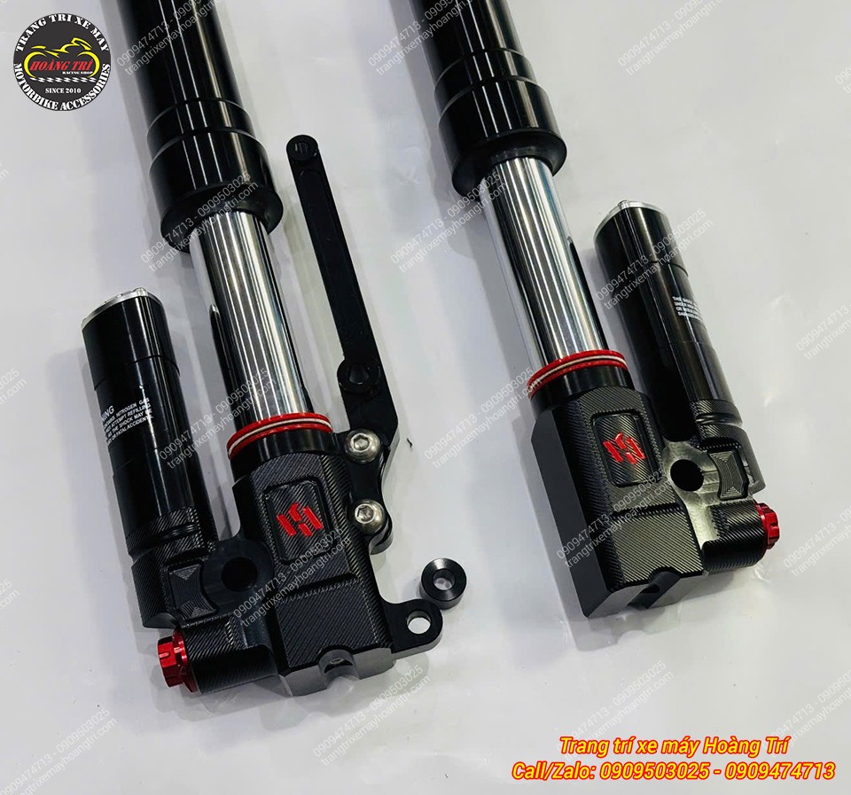 Cặp phuộc Kingham Upside Down đen có thiết kế CNC góc cạnh, nhấn bằng chi tiết đỏ