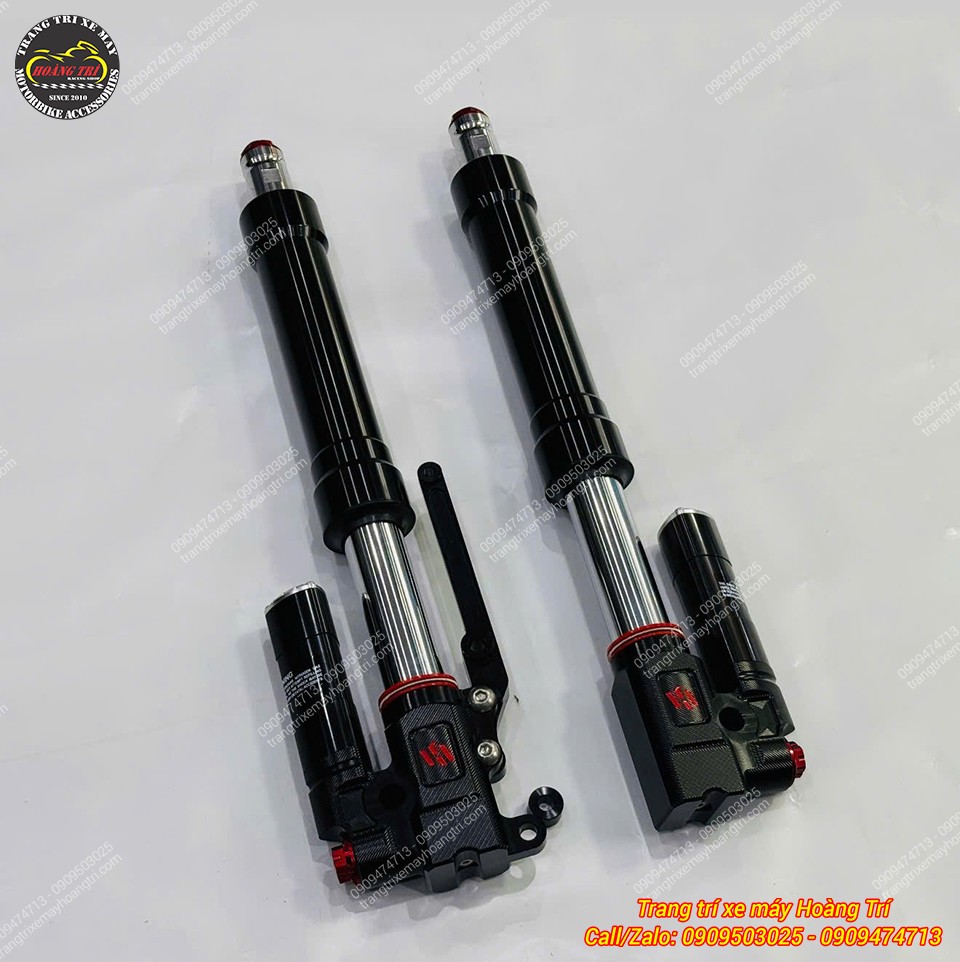 Toàn cảnh phuộc Kingham Upside Down đen trang bị bình dầu cùng núm chỉnh màu đỏ