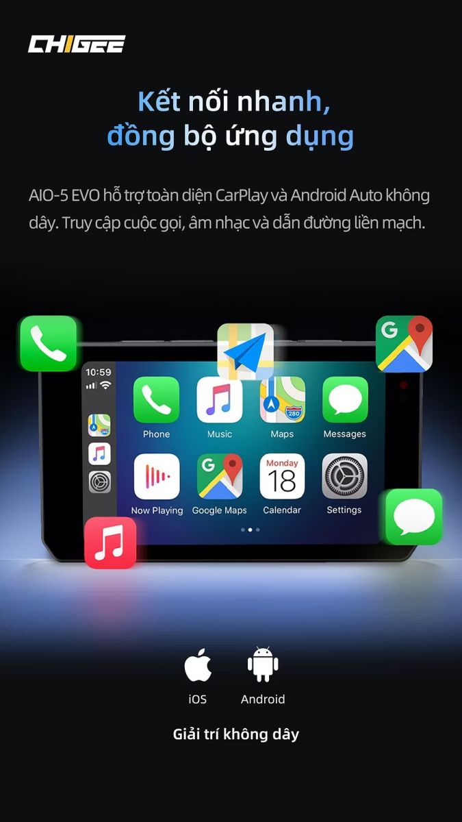 Chigee AIO-5 EVO hỗ trợ CarPlay và Android Auto không dây, thuận tiện dẫn đường và giải trí
